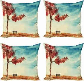 Ambesonne Tree Decorative Throw Pillow Case Pack of 4, Watercolors Design of a Tree and Bench Earth Ecological Protection for Future Image, Cushion Cover for Couch Living Room Car, 20", Orange Blue