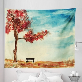 Ambesonne Tree Tapestry King Size, Watercolors Design of a Tree and Bench Earth Ecological Protection for Future Image, Wall Hanging Bedspread Bed Cover Wall Decor, 104" X 88", Orange Blue