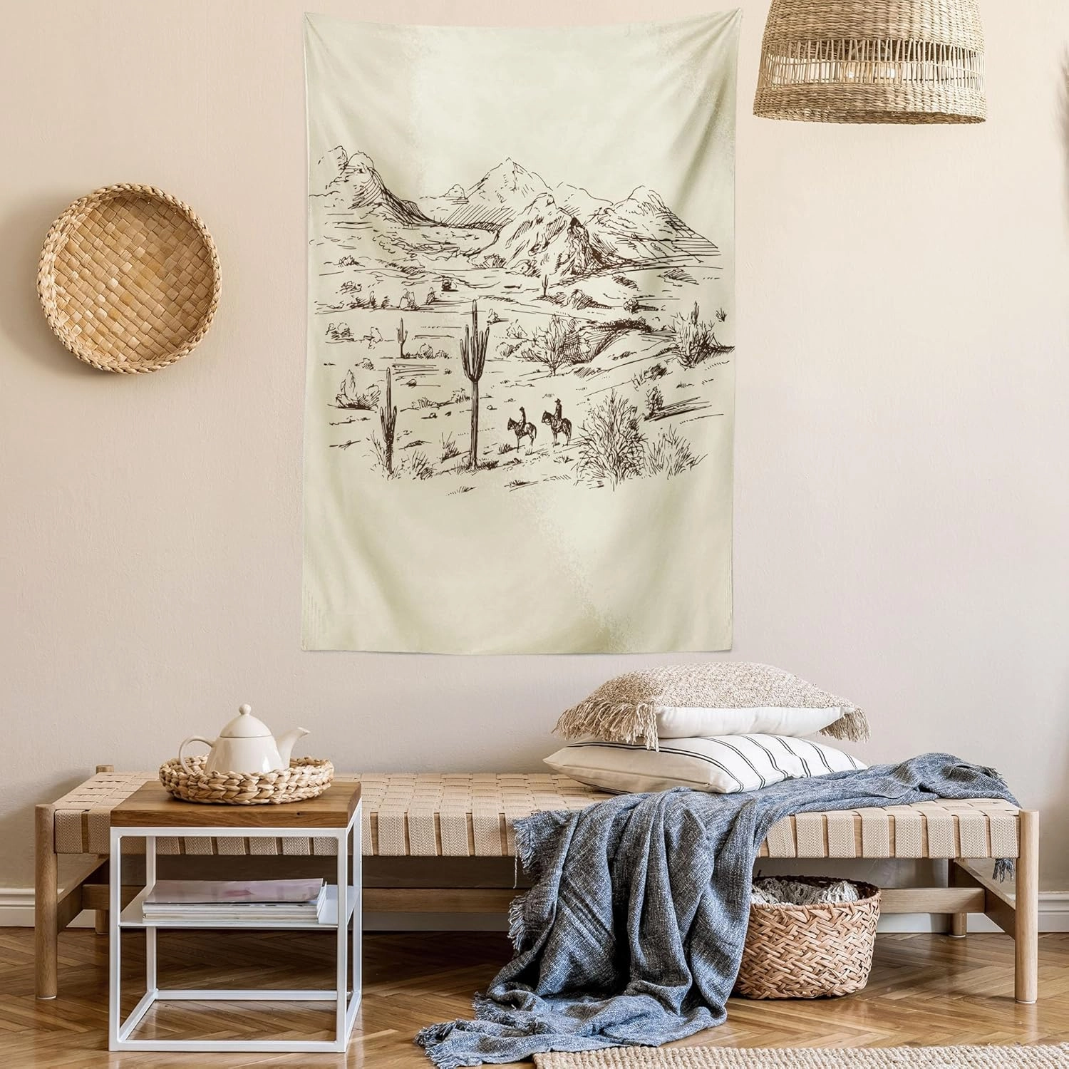 Ambesonne Western Tapestry Twin Size, Wild West Landscape Illustration Mountains Desert Plants Cowboys on Horses, Wall Hanging Bedspread Bed Cover Wall Decor, Twin Size, Beige Black