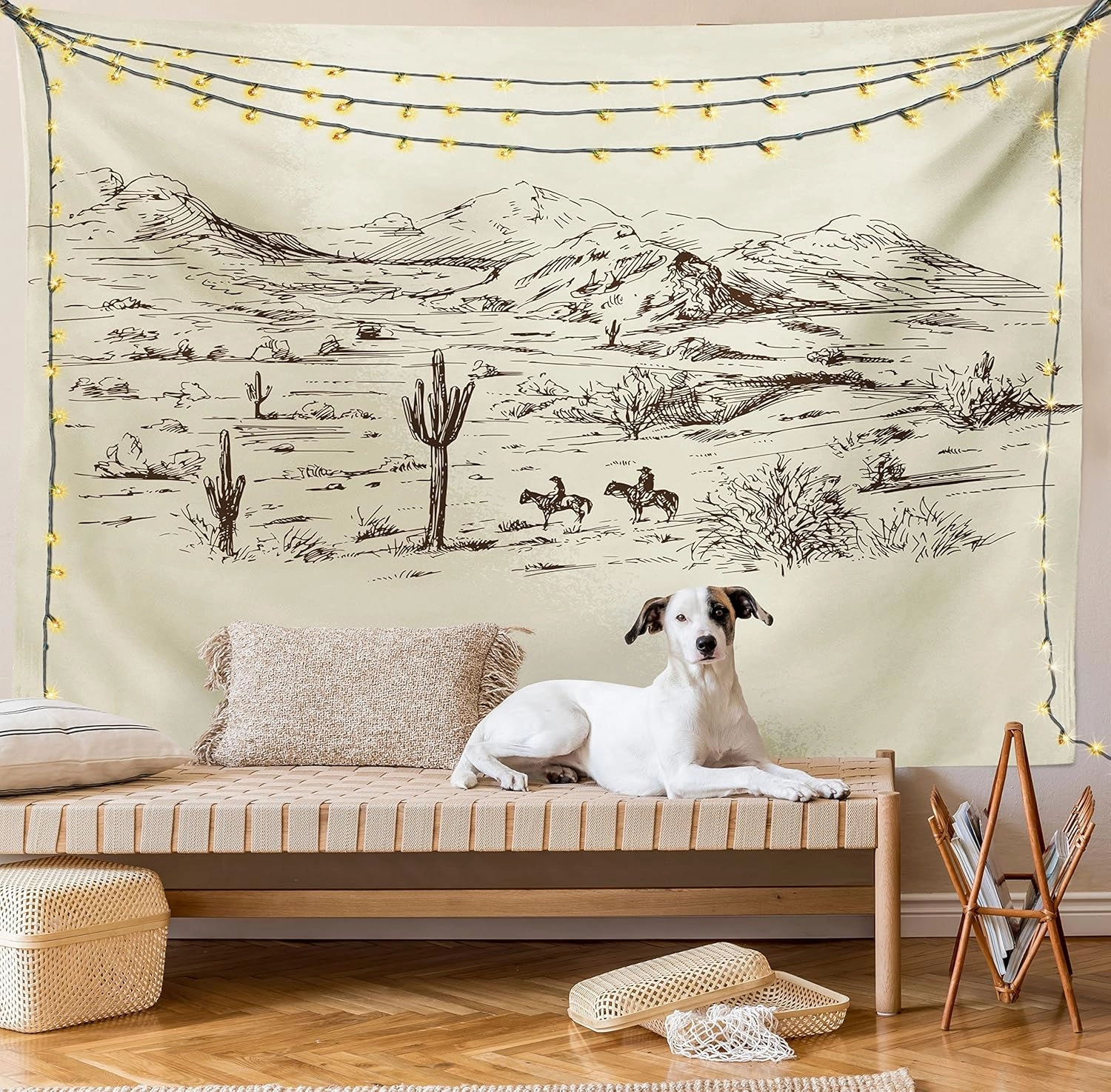 Ambesonne Western Tapestry Twin Size, Wild West Landscape Illustration Mountains Desert Plants Cowboys on Horses, Wall Hanging Bedspread Bed Cover Wall Decor, Twin Size, Beige Black