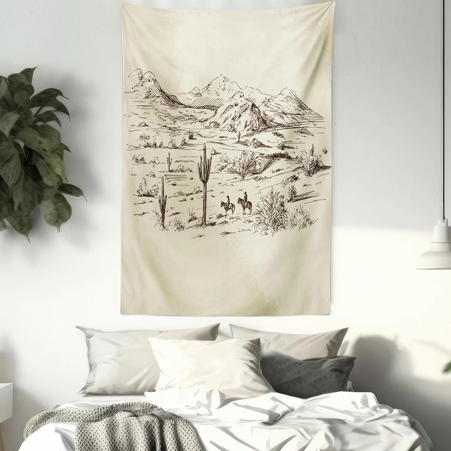 Ambesonne Western Tapestry Twin Size, Wild West Landscape Illustration Mountains Desert Plants Cowboys on Horses, Wall Hanging Bedspread Bed Cover Wall Decor, Twin Size, Beige Black