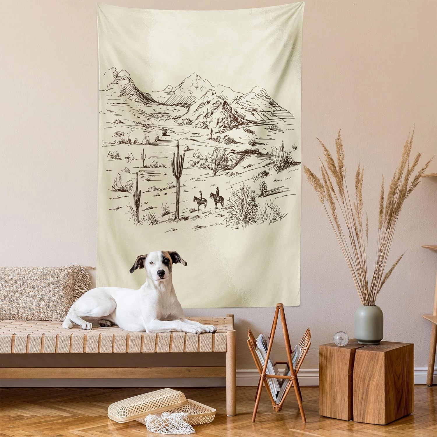 Ambesonne Western Tapestry Twin Size, Wild West Landscape Illustration Mountains Desert Plants Cowboys on Horses, Wall Hanging Bedspread Bed Cover Wall Decor, Twin Size, Beige Black