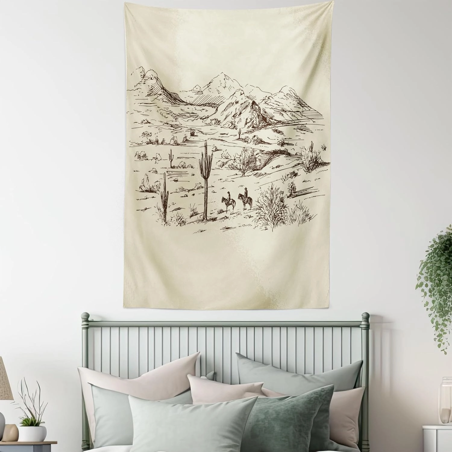 Ambesonne Western Tapestry Twin Size, Wild West Landscape Illustration Mountains Desert Plants Cowboys on Horses, Wall Hanging Bedspread Bed Cover Wall Decor, Twin Size, Beige Black