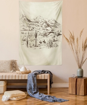 Ambesonne Western Tapestry Twin Size, Wild West Landscape Illustration Mountains Desert Plants Cowboys on Horses, Wall Hanging Bedspread Bed Cover Wall Decor, Twin Size, Beige Black