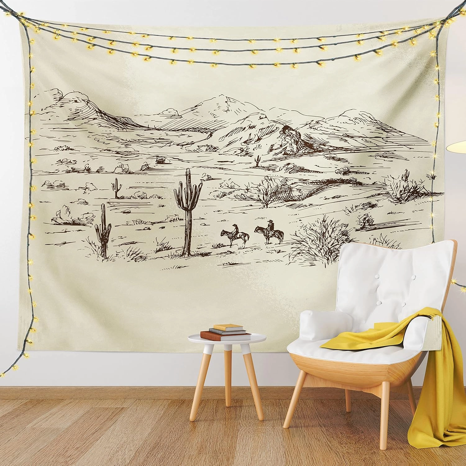 Ambesonne Western Tapestry Twin Size, Wild West Landscape Illustration Mountains Desert Plants Cowboys on Horses, Wall Hanging Bedspread Bed Cover Wall Decor, Twin Size, Beige Black