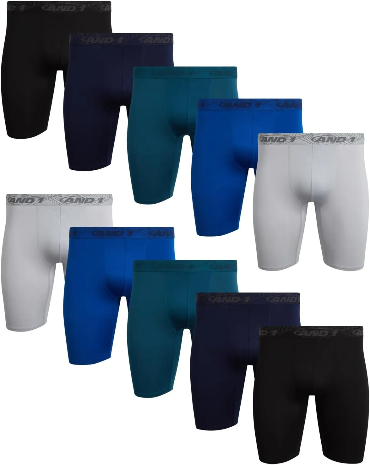 AND1 Mens Boxer Briefs - 10 Pack Performance Stretch Mens Underwear Long Leg Boxers for Men with Contour Pouch (Sizes: S-3XL)