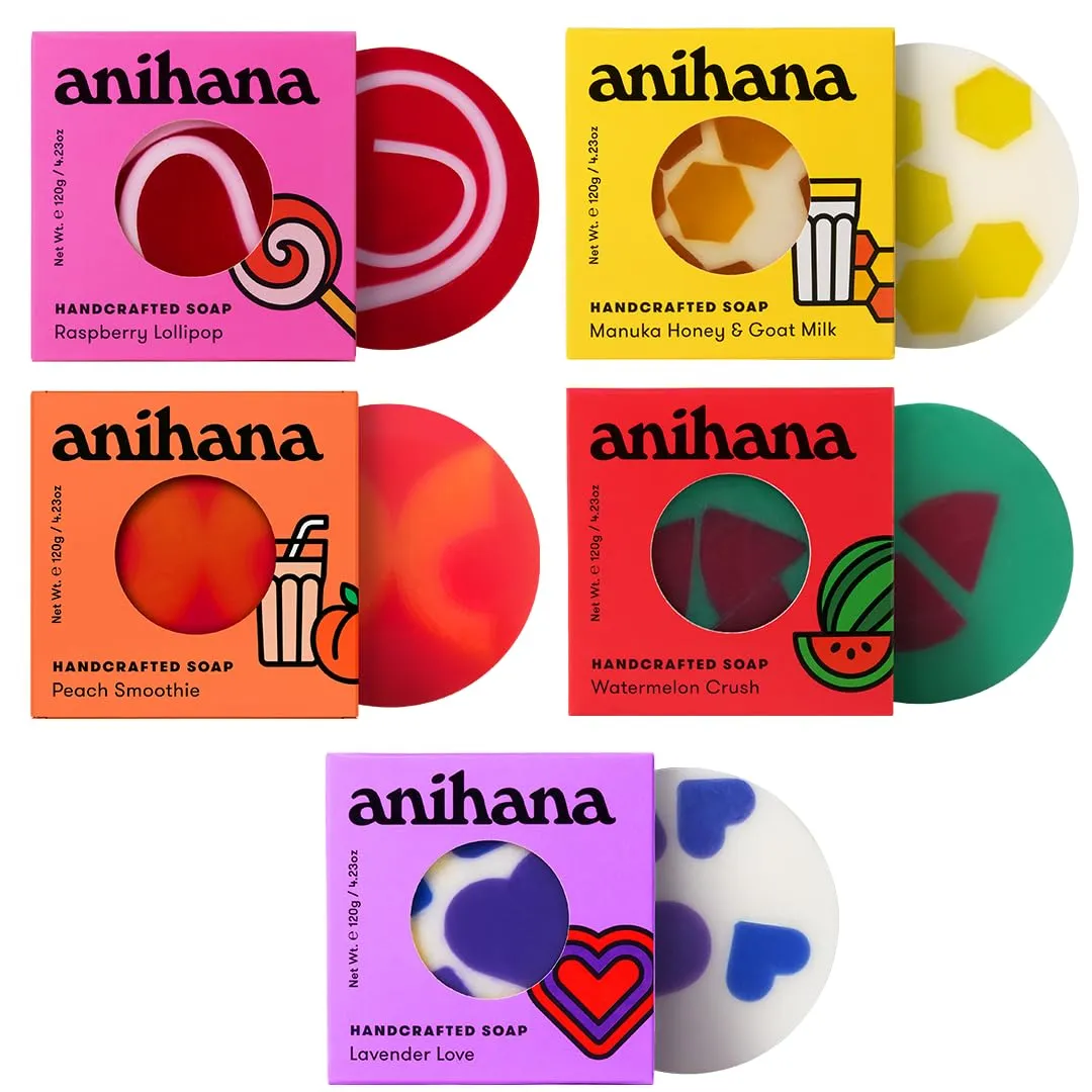 ANIHANA Handcrafted Soap 5 Pack with Coconut Oil, Raspberry, Manuka Honey & Goat Milk, Peach, Watermelon, Lavender, 4.23 oz each