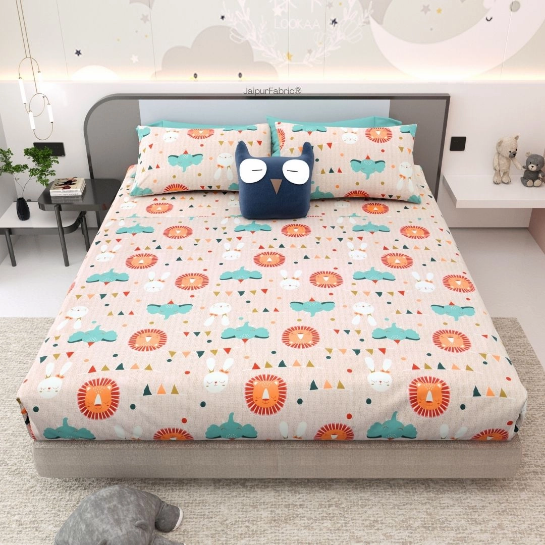 Animal Carnival Peach Soft Cotton Kids Bed Sheet Combo of 2