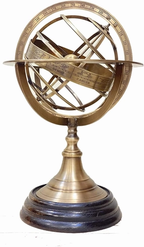 AnNafi® Zodiac Armillary Brass Sphere Globe Display 8" Wooden Base | Antique Vintage Earth Steampunk Pirate's Antique Ship Decor Showpiece Collectible for Office & Home | Metal Display Piece (Medium)