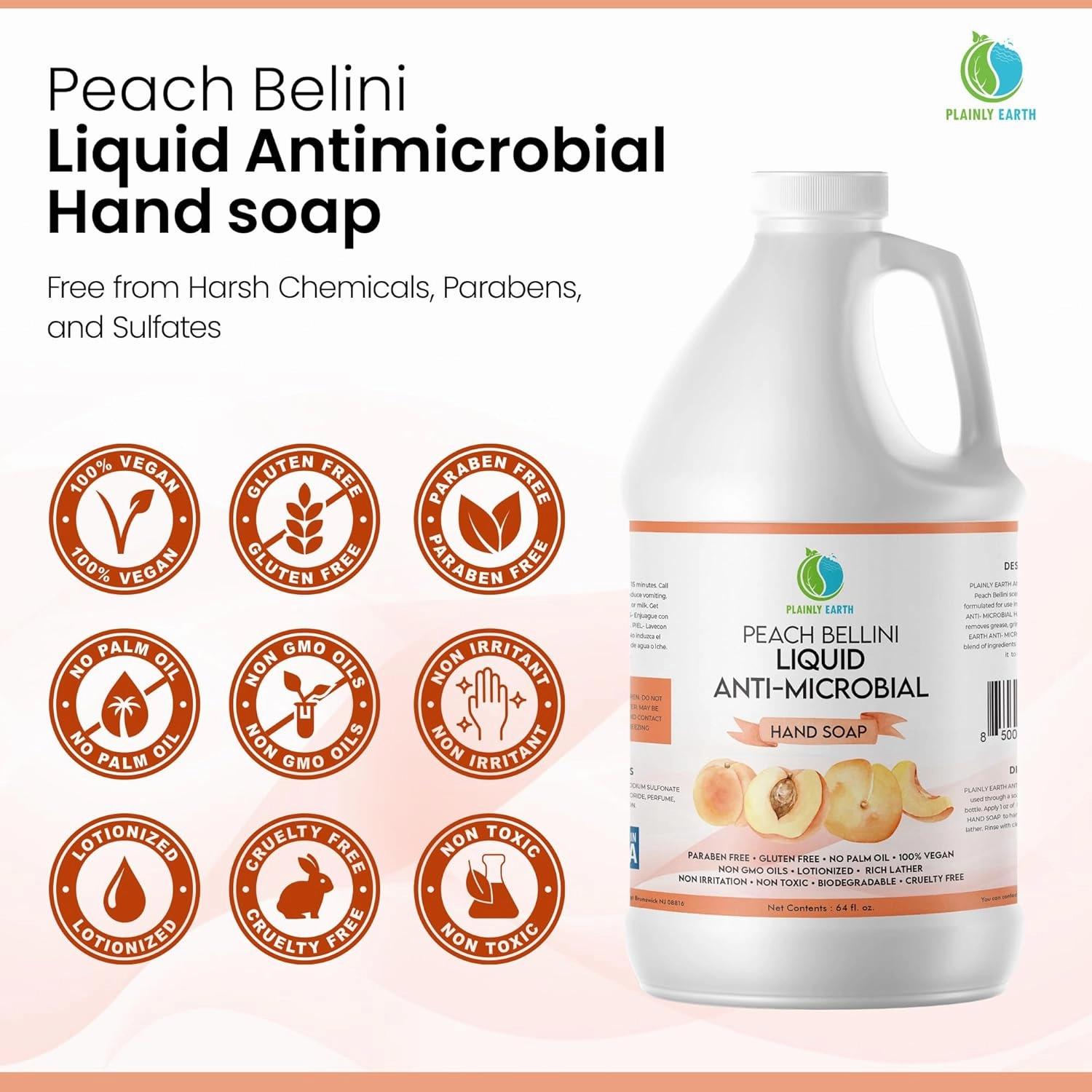 AntiMicrobial Hand Soap, 64 oz Bulk Refill - Antibacterial Hand Soap, Gentle, Scented Moisturizing Hand Soap for Kitchen and Bathroom - Peach Bellini