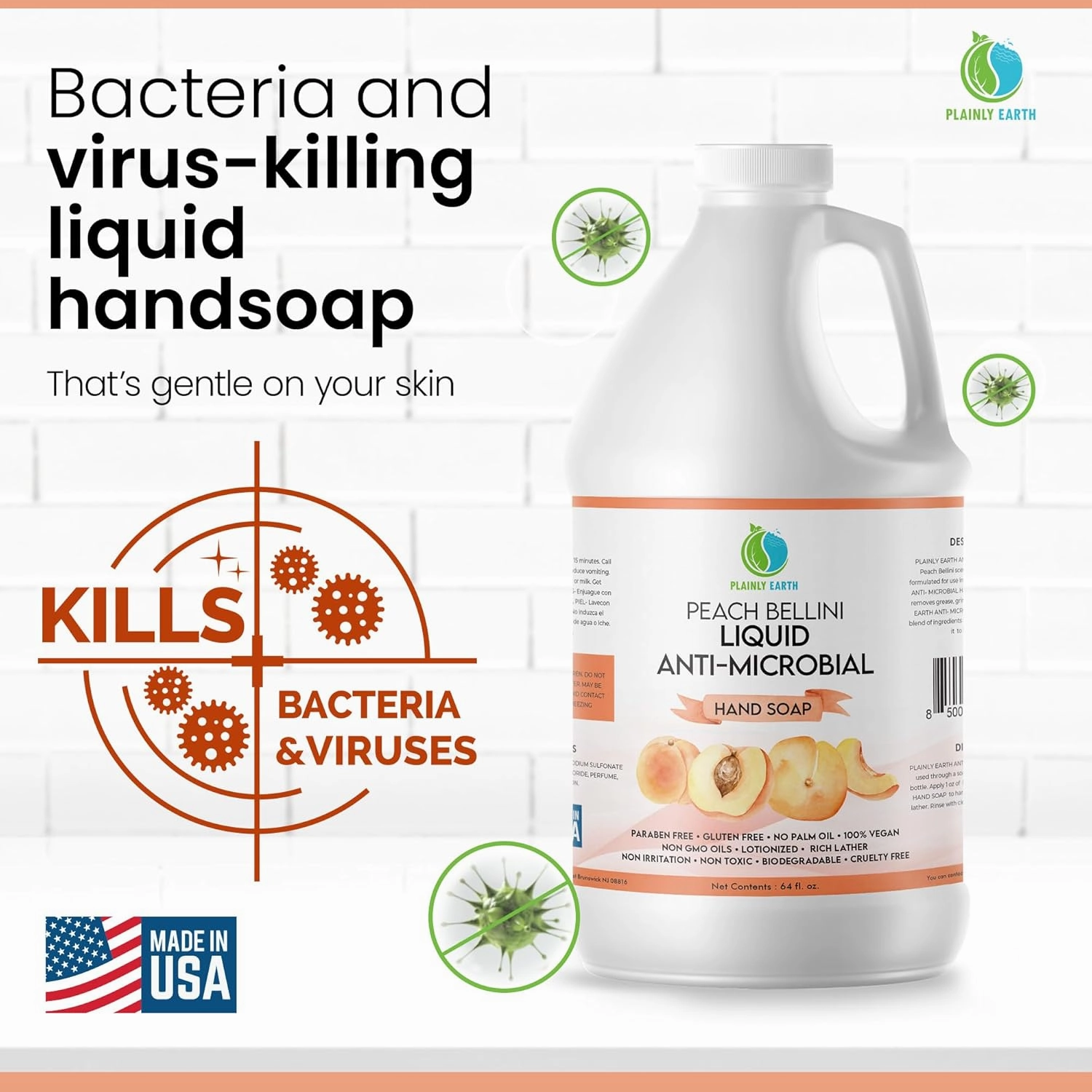 AntiMicrobial Hand Soap, 64 oz Bulk Refill - Antibacterial Hand Soap, Gentle, Scented Moisturizing Hand Soap for Kitchen and Bathroom - Peach Bellini