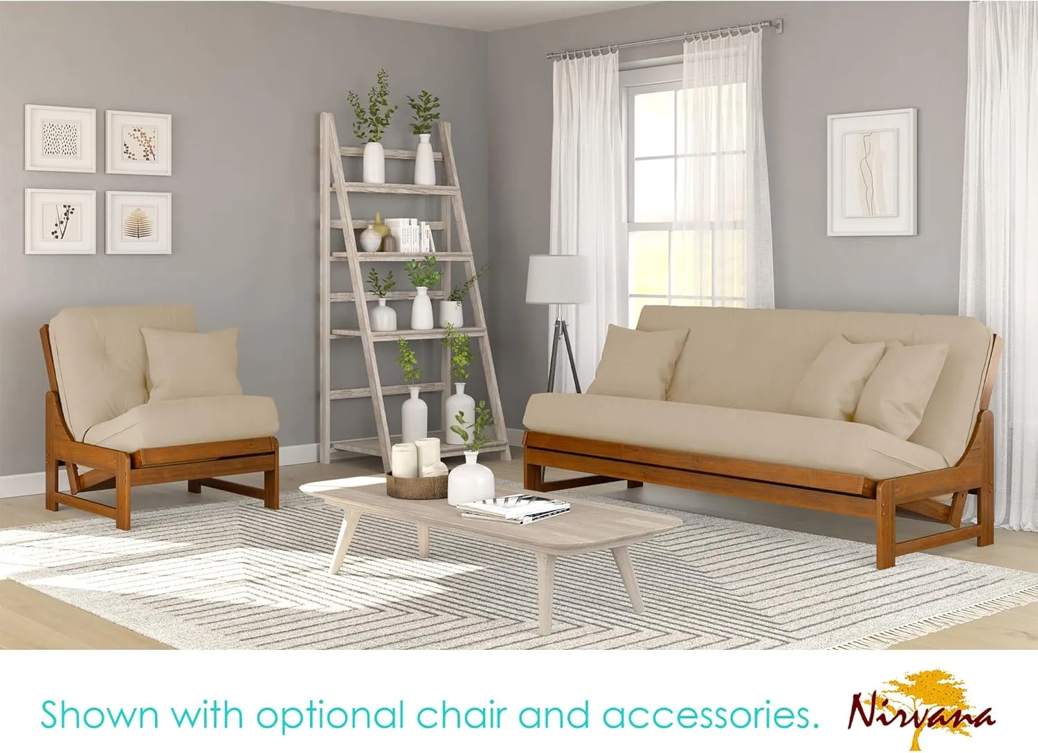Arden Futon Set - Full Size Futon Frame with Mattress Included (8 Inch Thick Mattress, Twill Khaki Color), Heavy Duty Wood, Popular Sofa Bed Choice