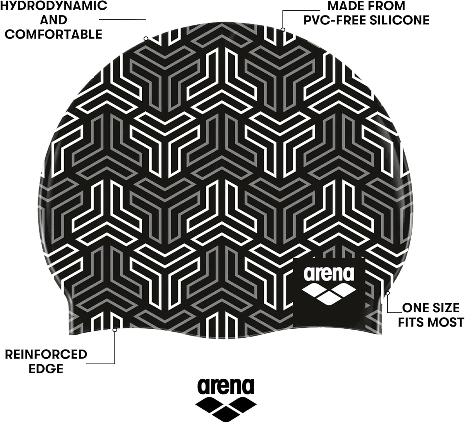 Arena Print Unisex Soft Silicone Swim Cap for Women and Men, Intensive Training Comfortable Non-Slip Long Hair Swimming Hat
