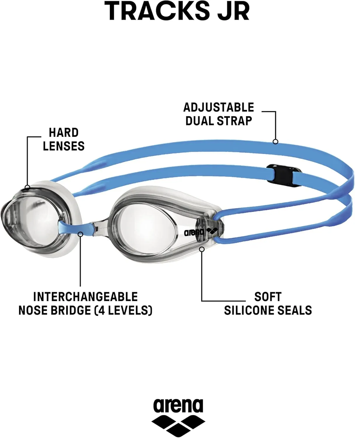 ARENA Tracks Unisex Junior Youth Essential Racing Swim Goggles Kids Swimmers Young Racers 6-12 Anti-Fog Coated Non-Mirror Lens, Clear/Clear/Light Blue
