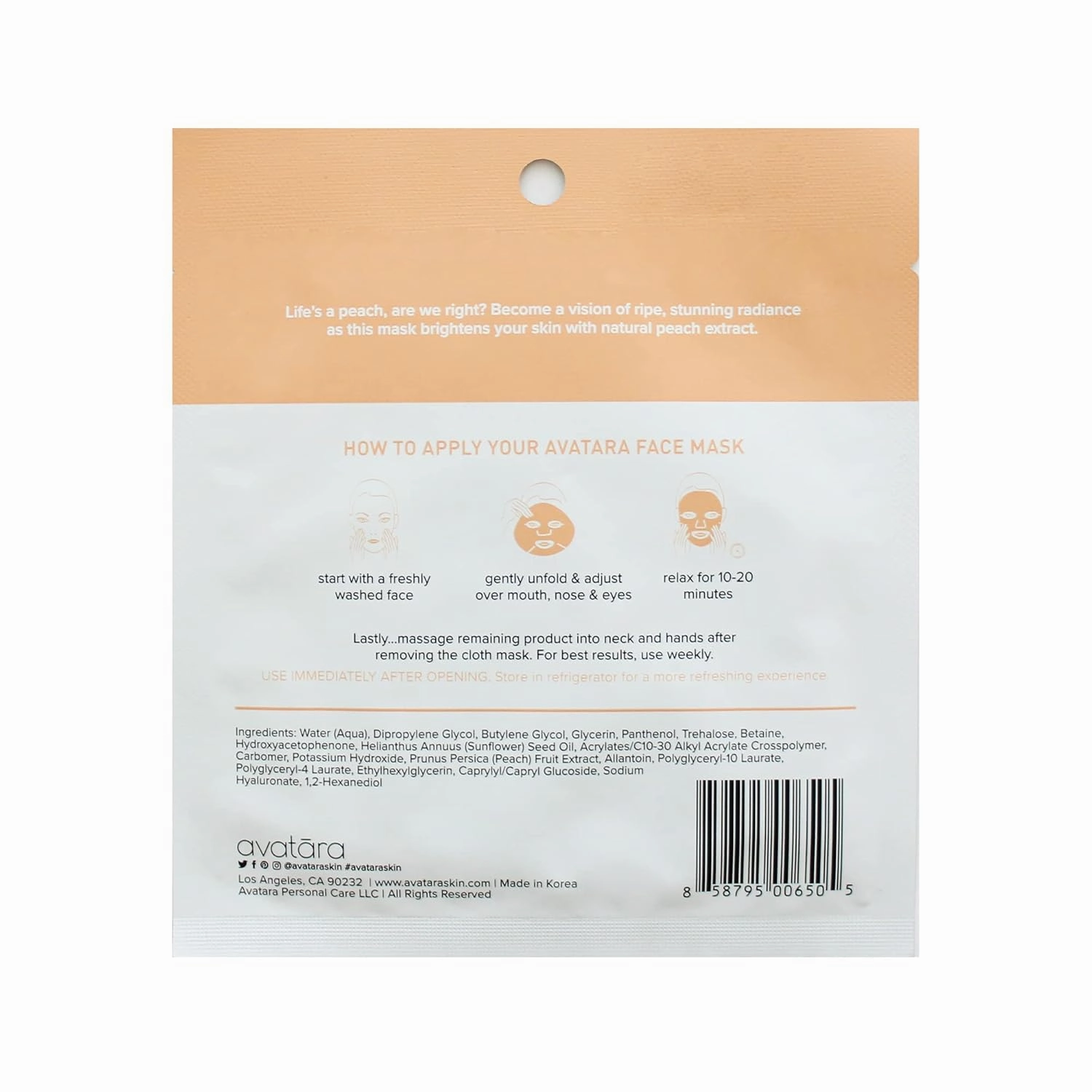 Avatara Juicy Peach Brightening Facial Mask 15 Sheets, Beauty and Skincare Sheet Masks with Peach Extracts, Hyaluronic Acid and Clean Ingredients for Clearer, Brighter Skin With Natural Glow, 15 Pack