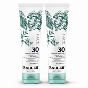 Badger Zinc Oxide Face Sunscreen SPF 30, Lightweight Mineral Sunscreen for Face, Matte Finish, No White Cast, Vegan, Water Resistant, Unscented, Mineral Sunblock Lotion, 1.7 fl oz, 2-Pack