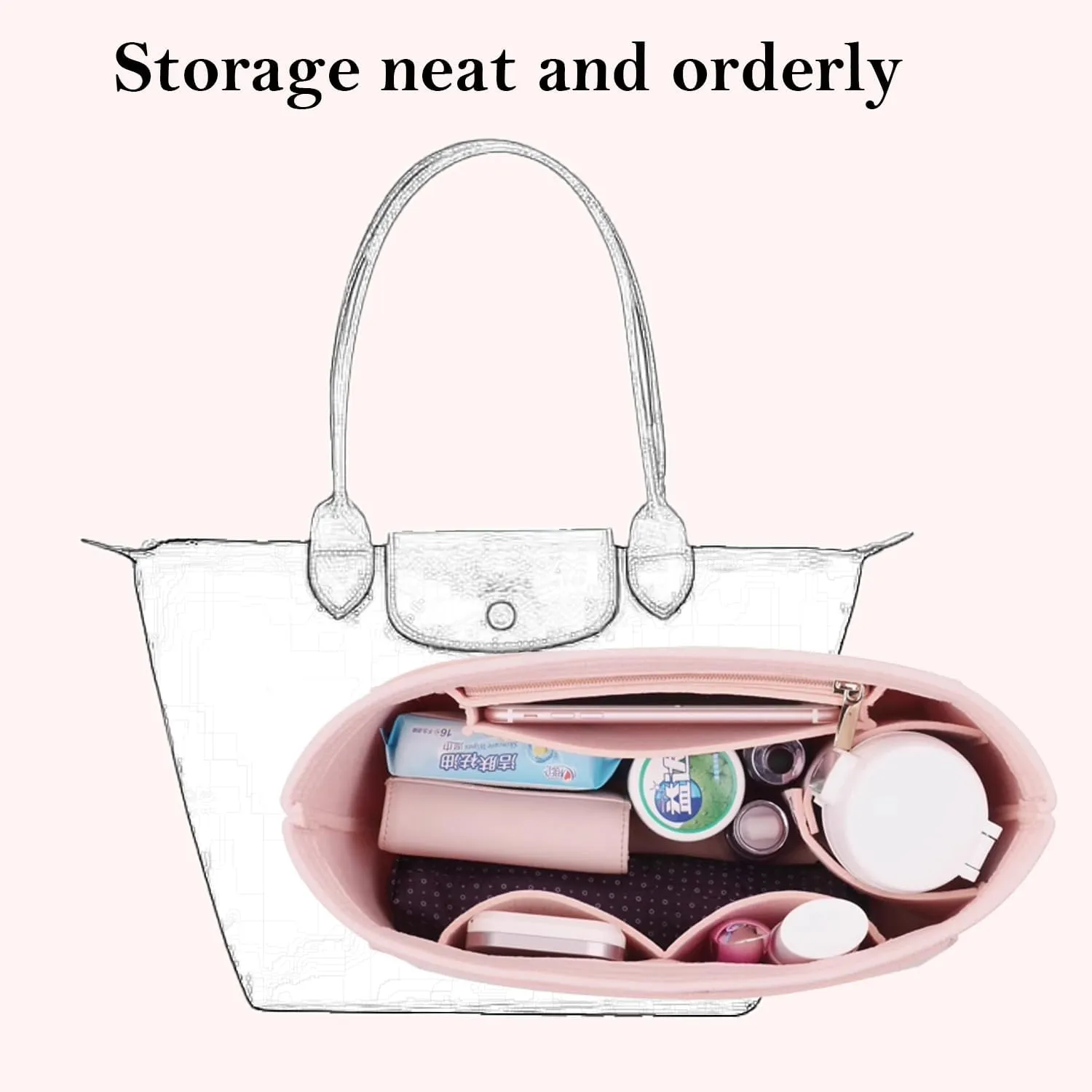 Bag Insert Organizer, purse accessories, Suitable For Longchamp long handle tote organizer (Pink, M（long handle）)