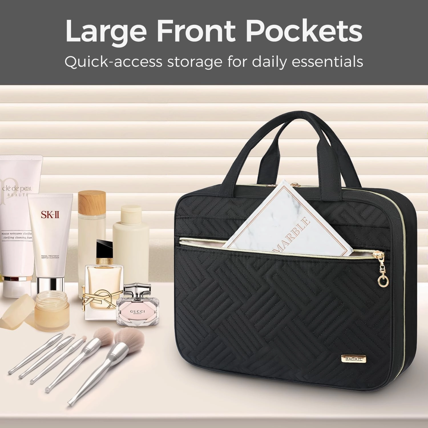 BAGAIL Hanging Toiletry Bag for Women Water-resistant Cosmetic Bag Large Capacity Travel Makeup Organizer for Full-Sized Travel Essentials(Classic Jewelry Bag, Black)