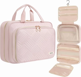 BAGAIL Hanging Toiletry Bag for Women Water-resistant Cosmetic Bag Large Capacity Travel Makeup Organizer for Full-Sized Travel Essentials(Standard, Pink)