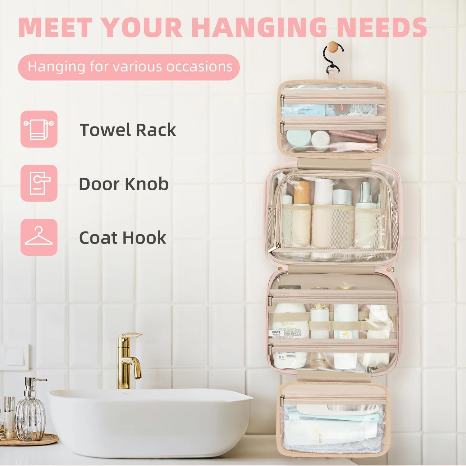 BAGAIL Hanging Toiletry Bag for Women Water-resistant Cosmetic Bag Large Capacity Travel Makeup Organizer for Full-Sized Travel Essentials(Standard, Pink)