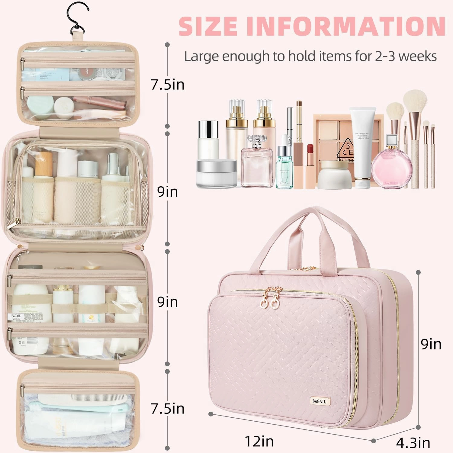 BAGAIL Hanging Toiletry Bag for Women Water-resistant Cosmetic Bag Large Capacity Travel Makeup Organizer for Full-Sized Travel Essentials(Standard, Pink)