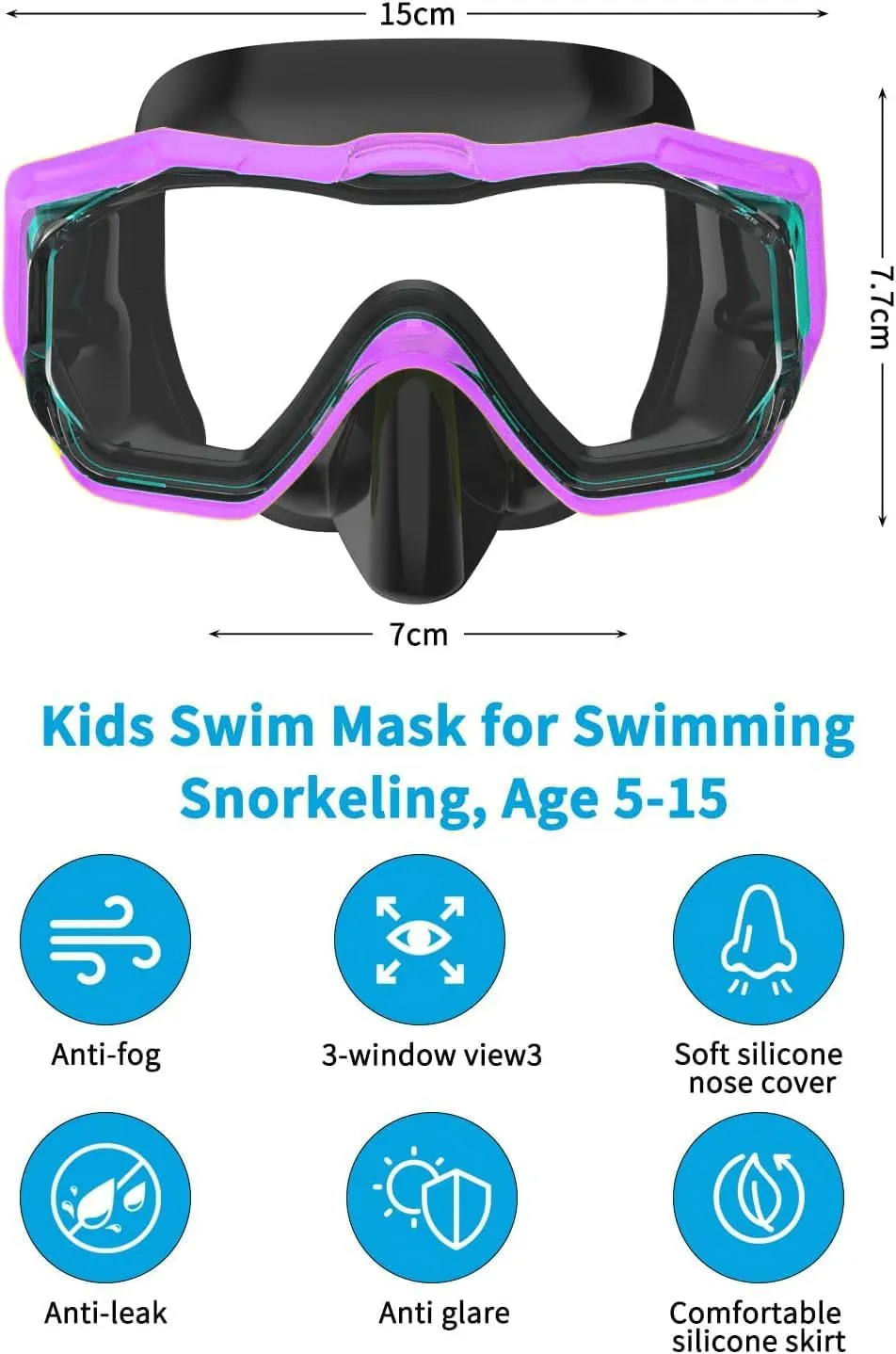 Bairuifu Kids Swim Goggles Snorkel Mask, Latest 3-Window Lens Wide Vision, Crystal Clear, Swimming Goggles Soft Nose Cover