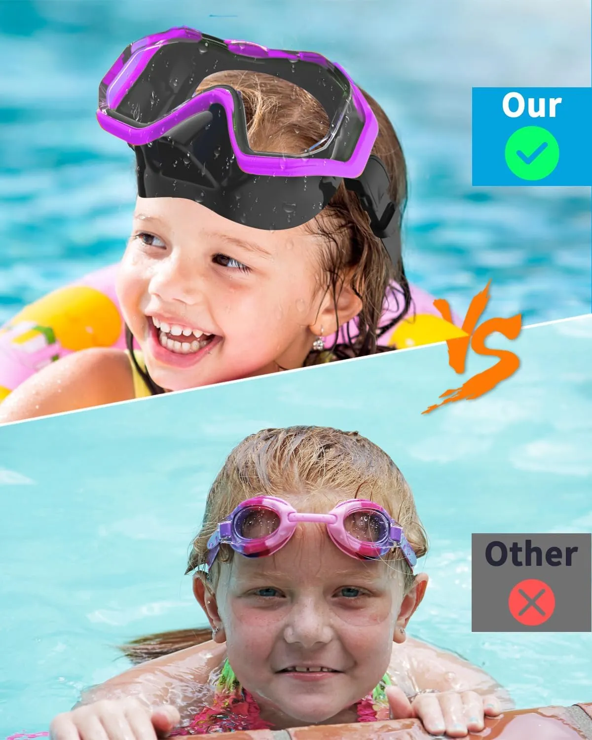 Bairuifu Kids Swim Goggles Snorkel Mask, Latest 3-Window Lens Wide Vision, Crystal Clear, Swimming Goggles Soft Nose Cover