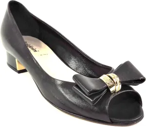 Baldinini Women's Black Leather Peep Toe Pumps, Bow Detail with Gold Accent, Low Heel