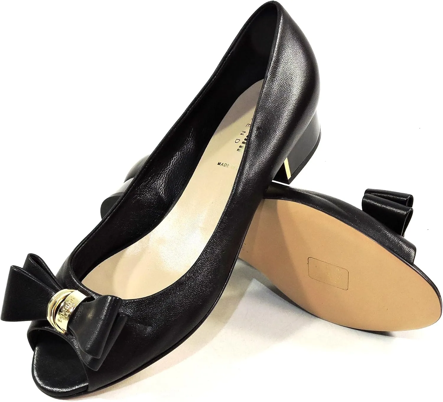 Baldinini Women's Black Leather Peep Toe Pumps, Bow Detail with Gold Accent, Low Heel