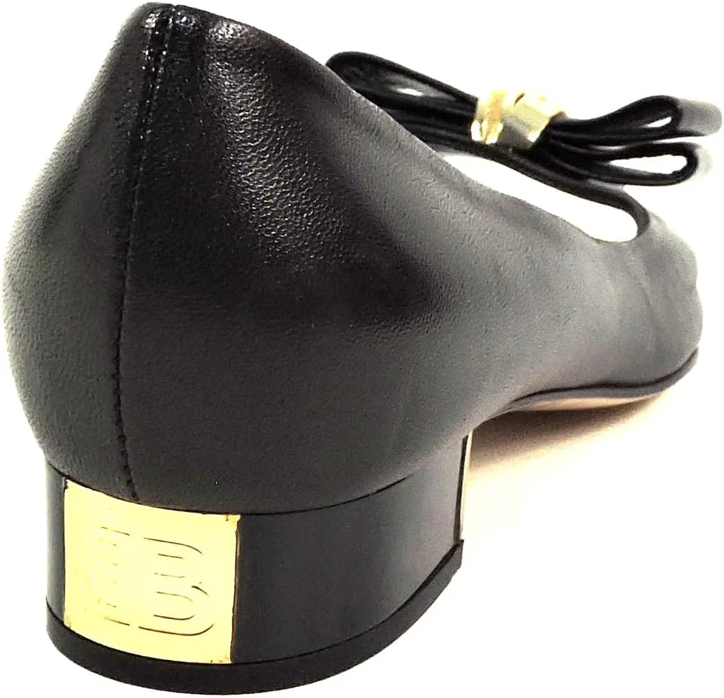 Baldinini Women's Black Leather Peep Toe Pumps, Bow Detail with Gold Accent, Low Heel