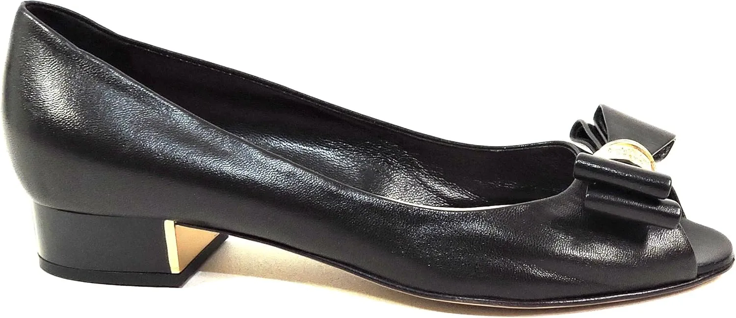 Baldinini Women's Black Leather Peep Toe Pumps, Bow Detail with Gold Accent, Low Heel