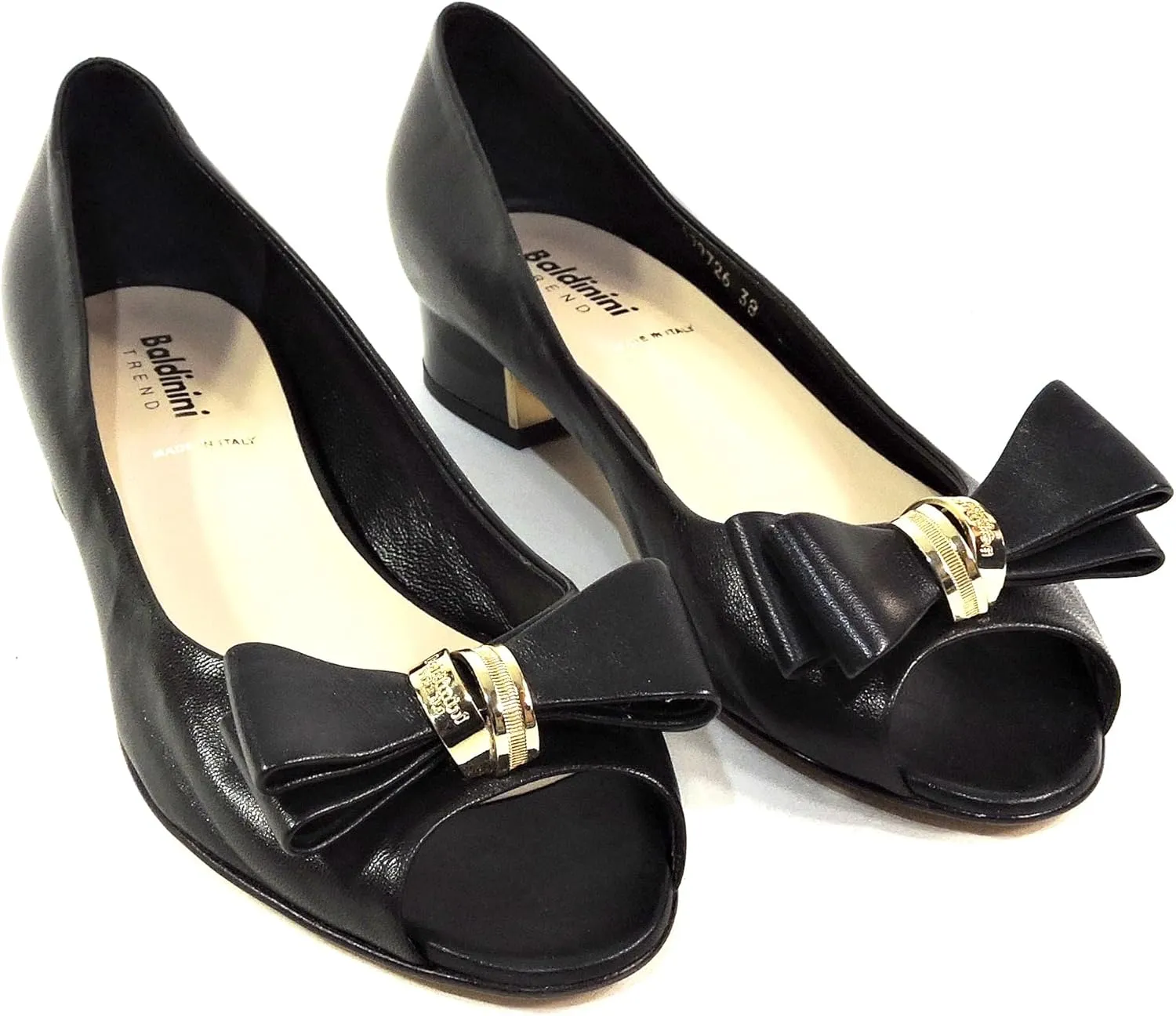 Baldinini Women's Black Leather Peep Toe Pumps, Bow Detail with Gold Accent, Low Heel