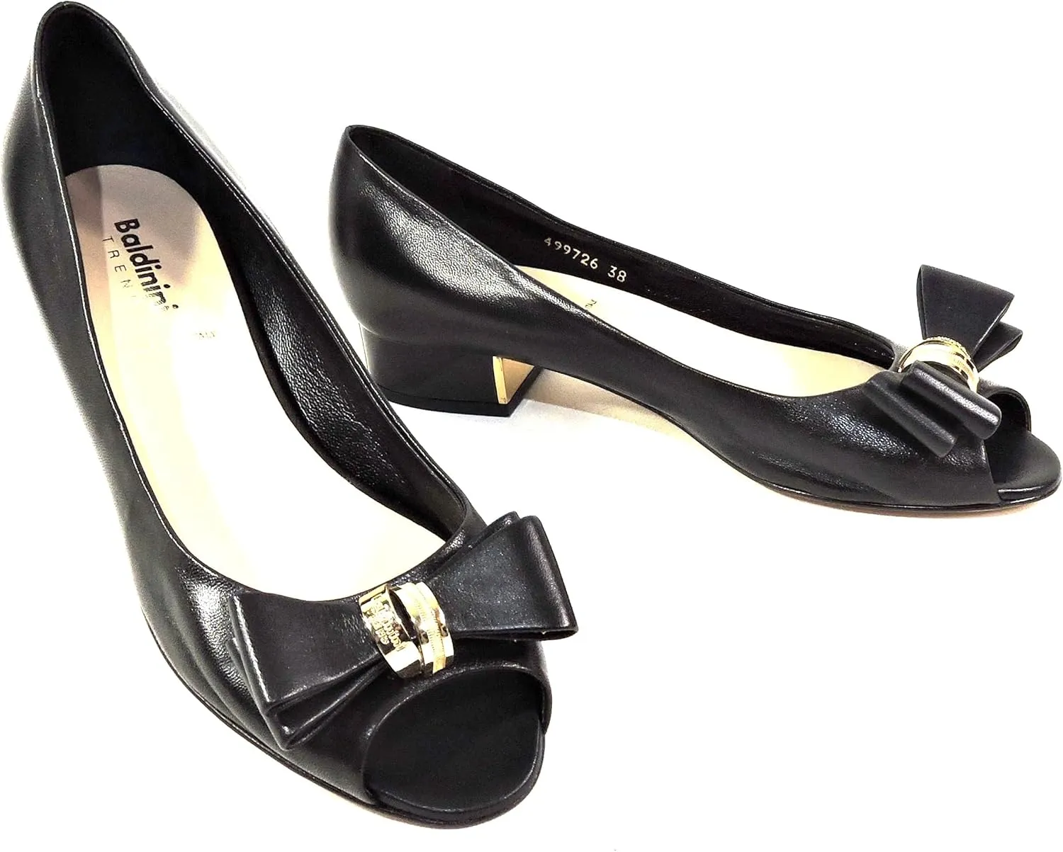 Baldinini Women's Black Leather Peep Toe Pumps, Bow Detail with Gold Accent, Low Heel