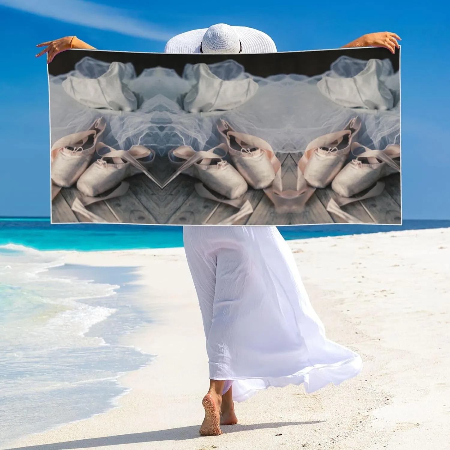 Ballet Shoe Print 55''X27.5'' Peach Velvet Beach Towel - Soft, Sand-Free, Compact for Travel - Stylish Printed Design for Vacation, Pool, Beach