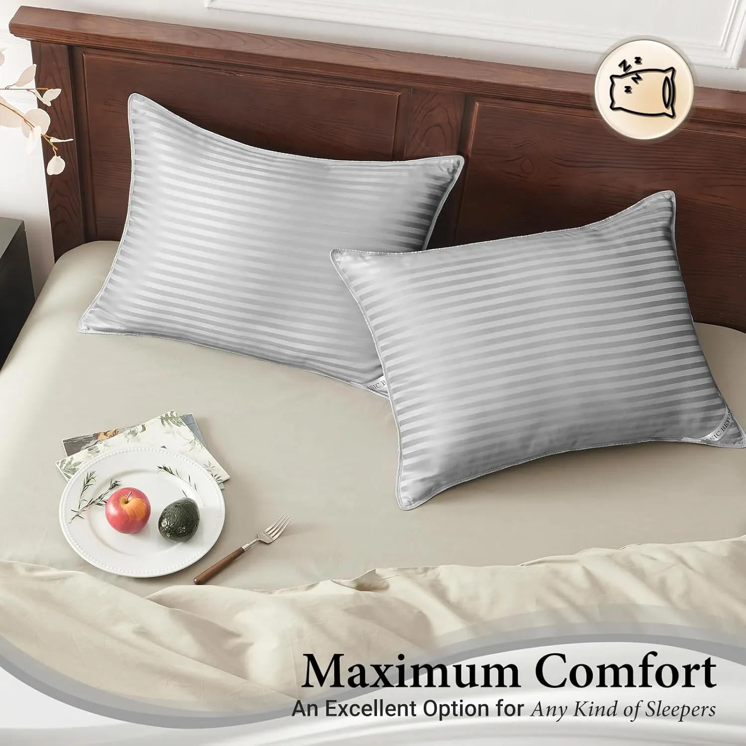 Basic Beyond King Size Pillows - Down Alternative, Soft Pillows Set of 2 for Back, Stomach or Side Sleepers, Silver, 20x36 Inches