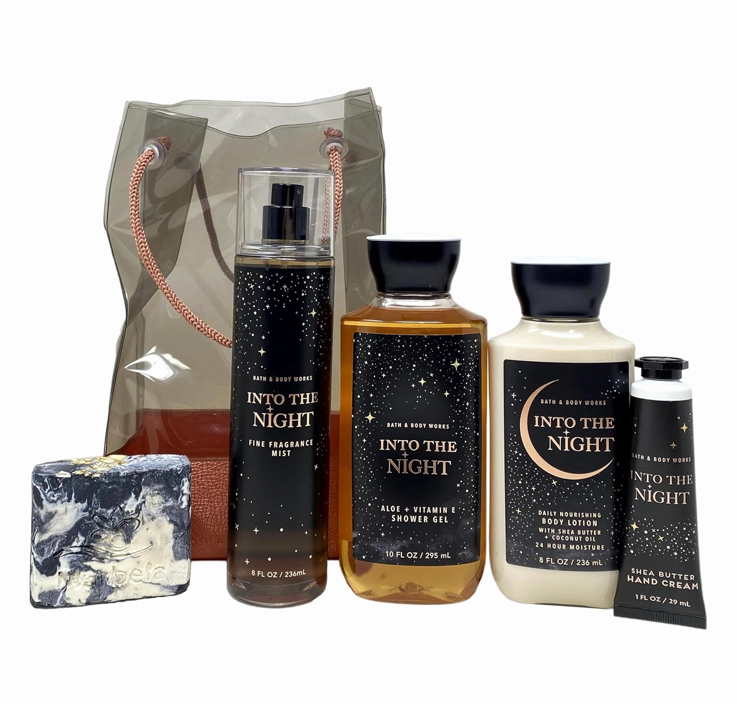 Bath & Body Works Into The Night Deluxe Gift Bag Set - Fragrance Mist - Shower Gel - Body Lotion and Hand Cream - with a Charcoal Scrub Bar Soap - Full Size
