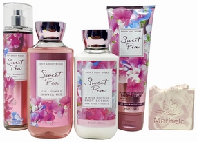 Bath & Body Works Sweet Pea Deluxe Gift Set - Fine Fragrance Mist, Shower Gel, Body Lotion and Body Cream with a Himalayan Salts Springs Sample Bar Soap