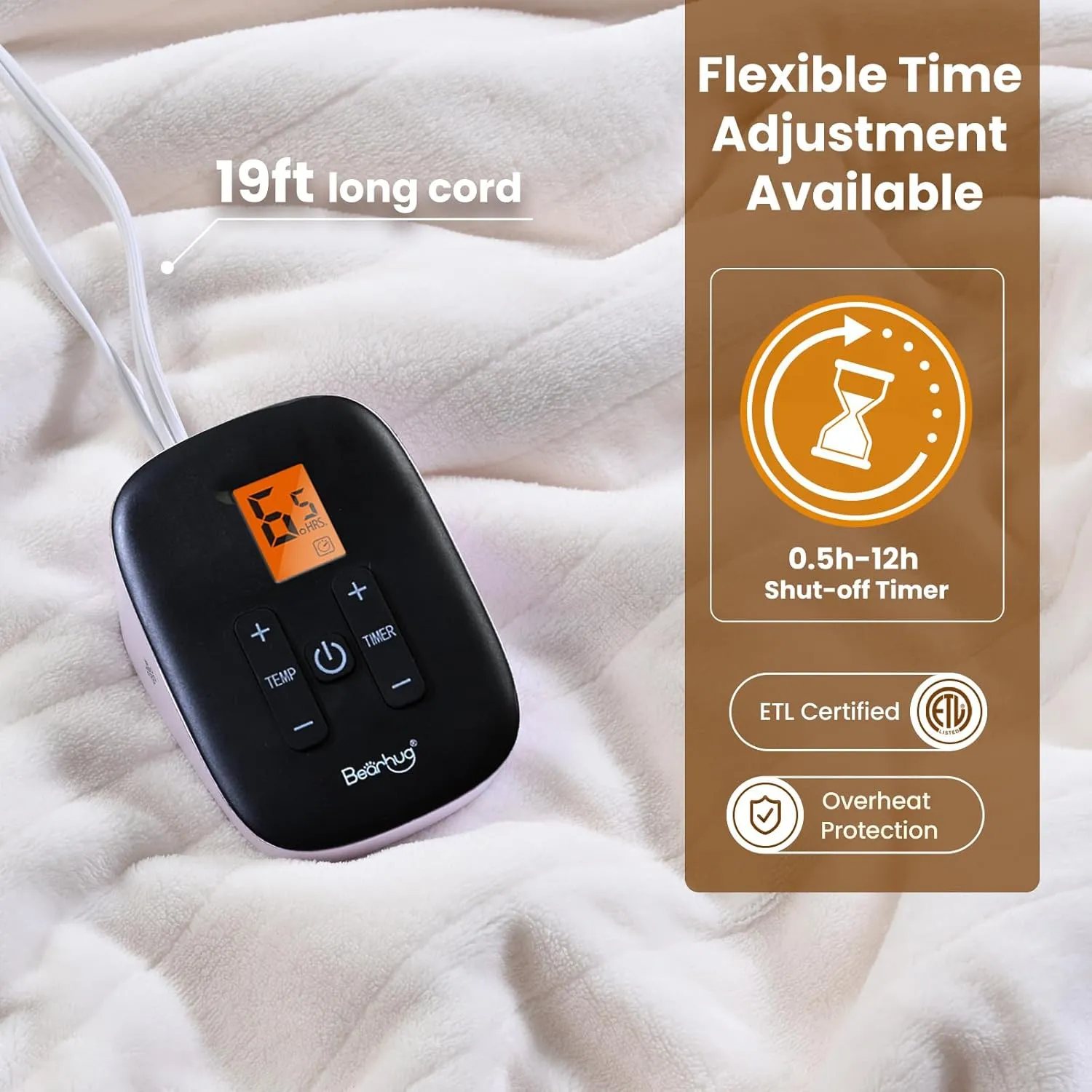 Bearhug Electric Blanket Full Size 77" × 84", White - Velvet & Sherpa Heated Blanket, 10 Heating Levels & 0.5-12H Auto Off, Over-Heat Protect, ETL Certification, Machine Washable