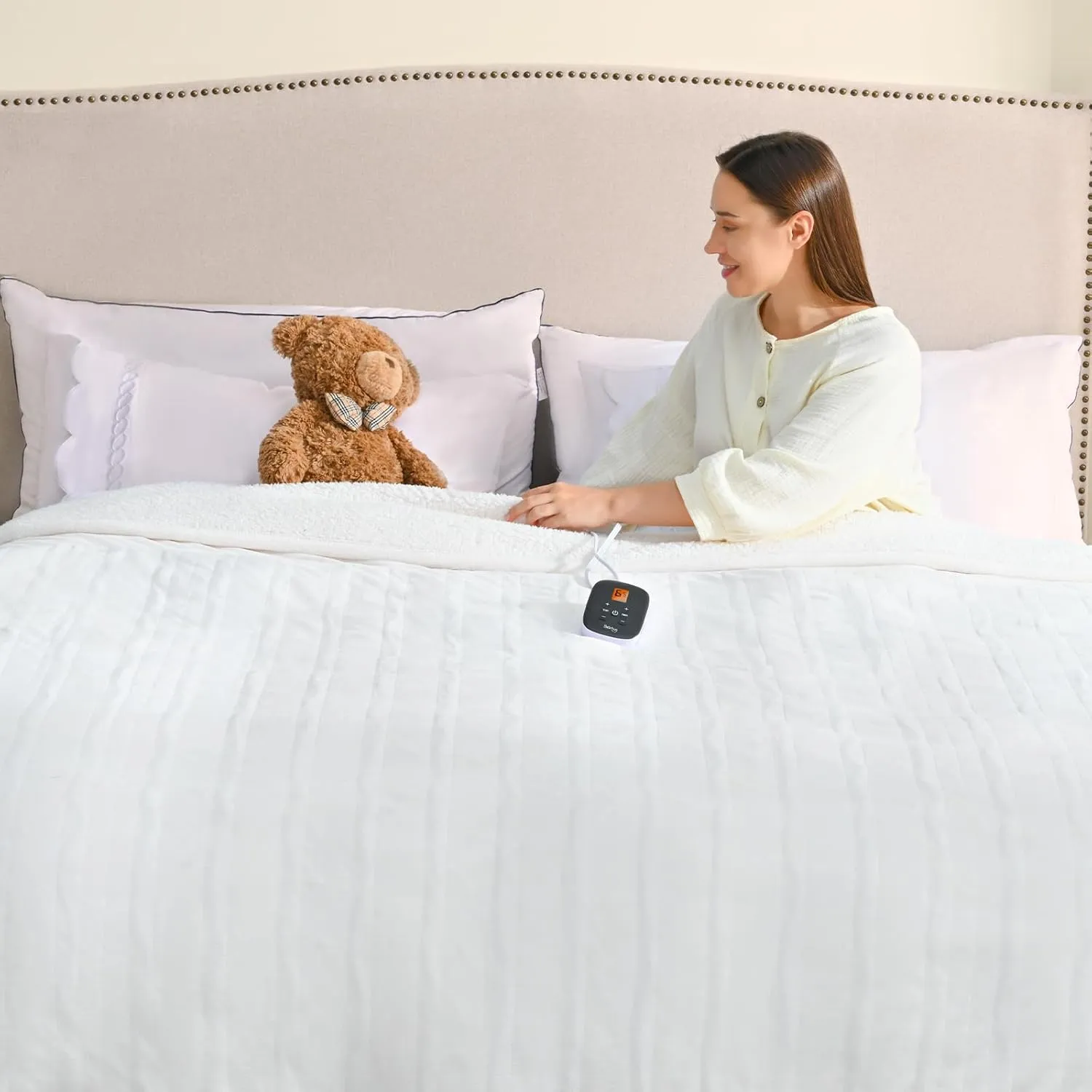Bearhug Electric Blanket Full Size 77" × 84", White - Velvet & Sherpa Heated Blanket, 10 Heating Levels & 0.5-12H Auto Off, Over-Heat Protect, ETL Certification, Machine Washable