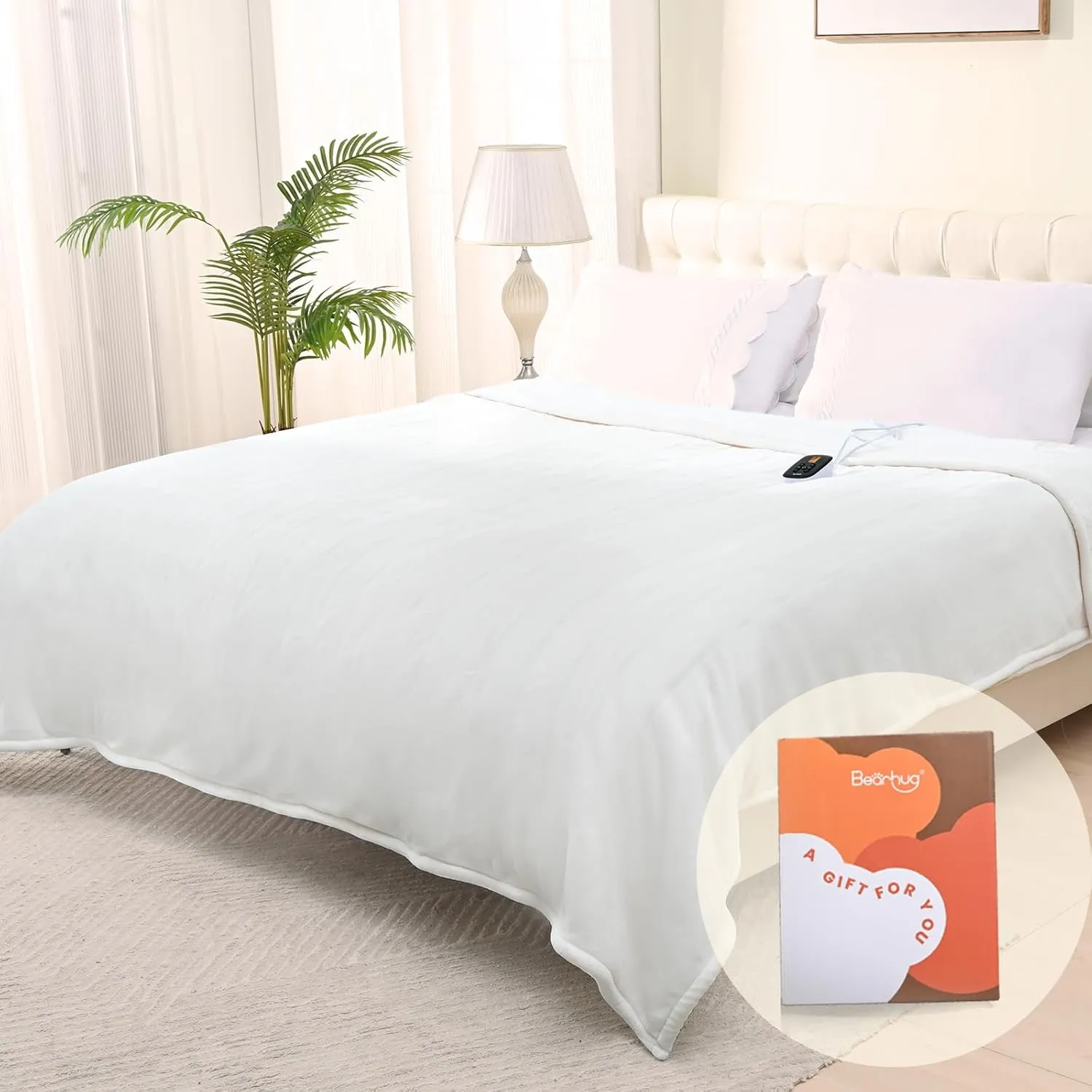 Bearhug Electric Blanket Full Size 77" × 84", White - Velvet & Sherpa Heated Blanket, 10 Heating Levels & 0.5-12H Auto Off, Over-Heat Protect, ETL Certification, Machine Washable