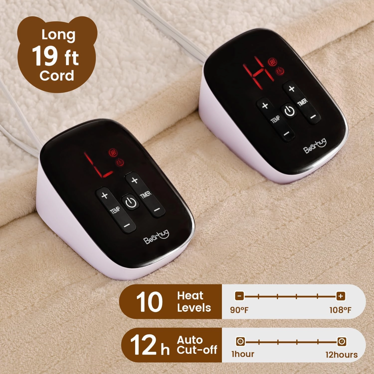 Bearhug Electric Blanket King Size 100" x 90", Dual Controller Heated Blanket Beige, Velvet & Sherpa, 10-Heat Levels & 1-12H Auto Off, 5 Year Warranty, Over-Heat Protect, ETL, Machine Washable