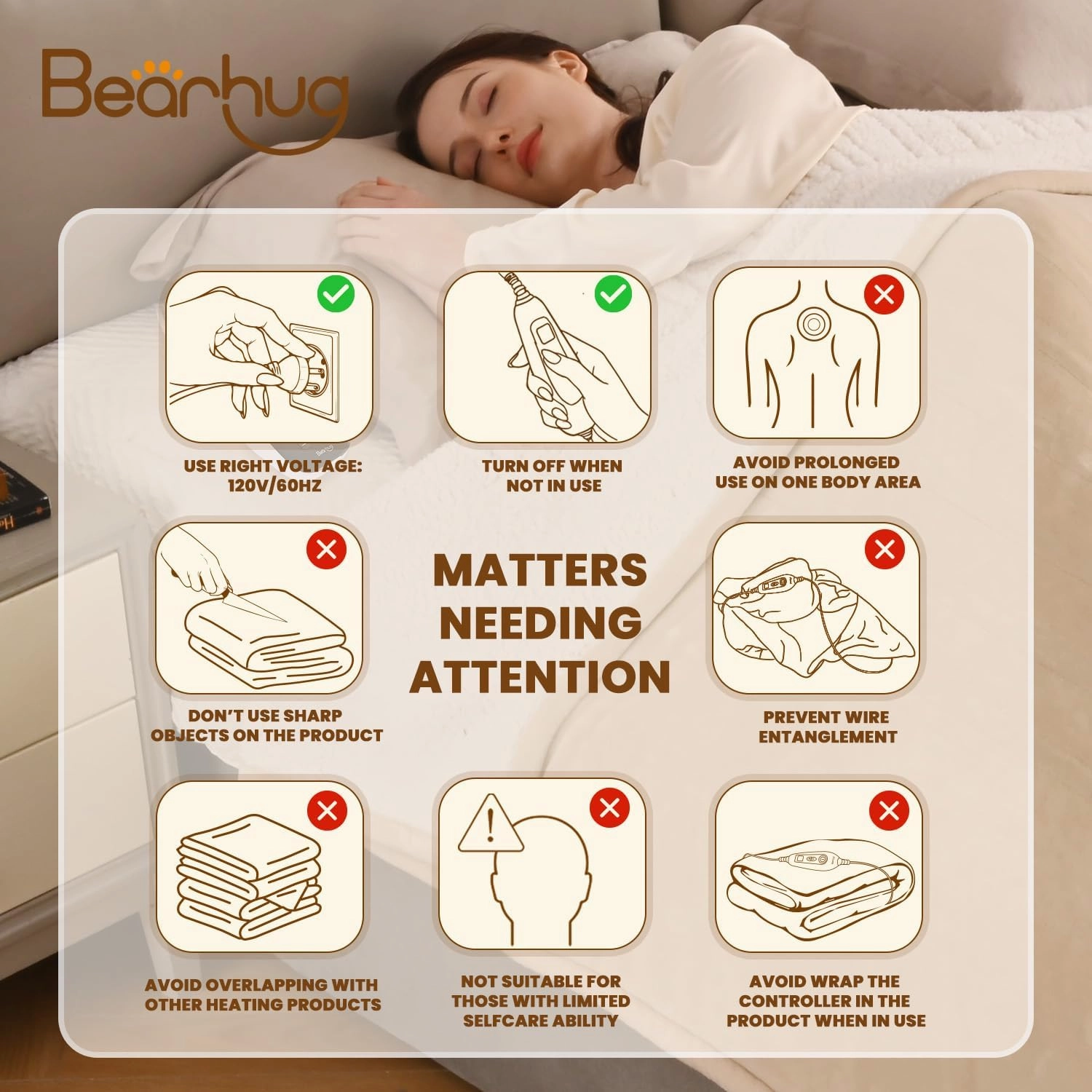 Bearhug Electric Blanket King Size 100" x 90", Dual Controller Heated Blanket Beige, Velvet & Sherpa, 10-Heat Levels & 1-12H Auto Off, 5 Year Warranty, Over-Heat Protect, ETL, Machine Washable