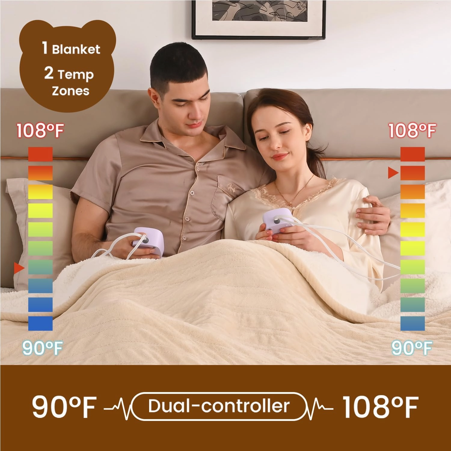 Bearhug Electric Blanket King Size 100" x 90", Dual Controller Heated Blanket Beige, Velvet & Sherpa, 10-Heat Levels & 1-12H Auto Off, 5 Year Warranty, Over-Heat Protect, ETL, Machine Washable