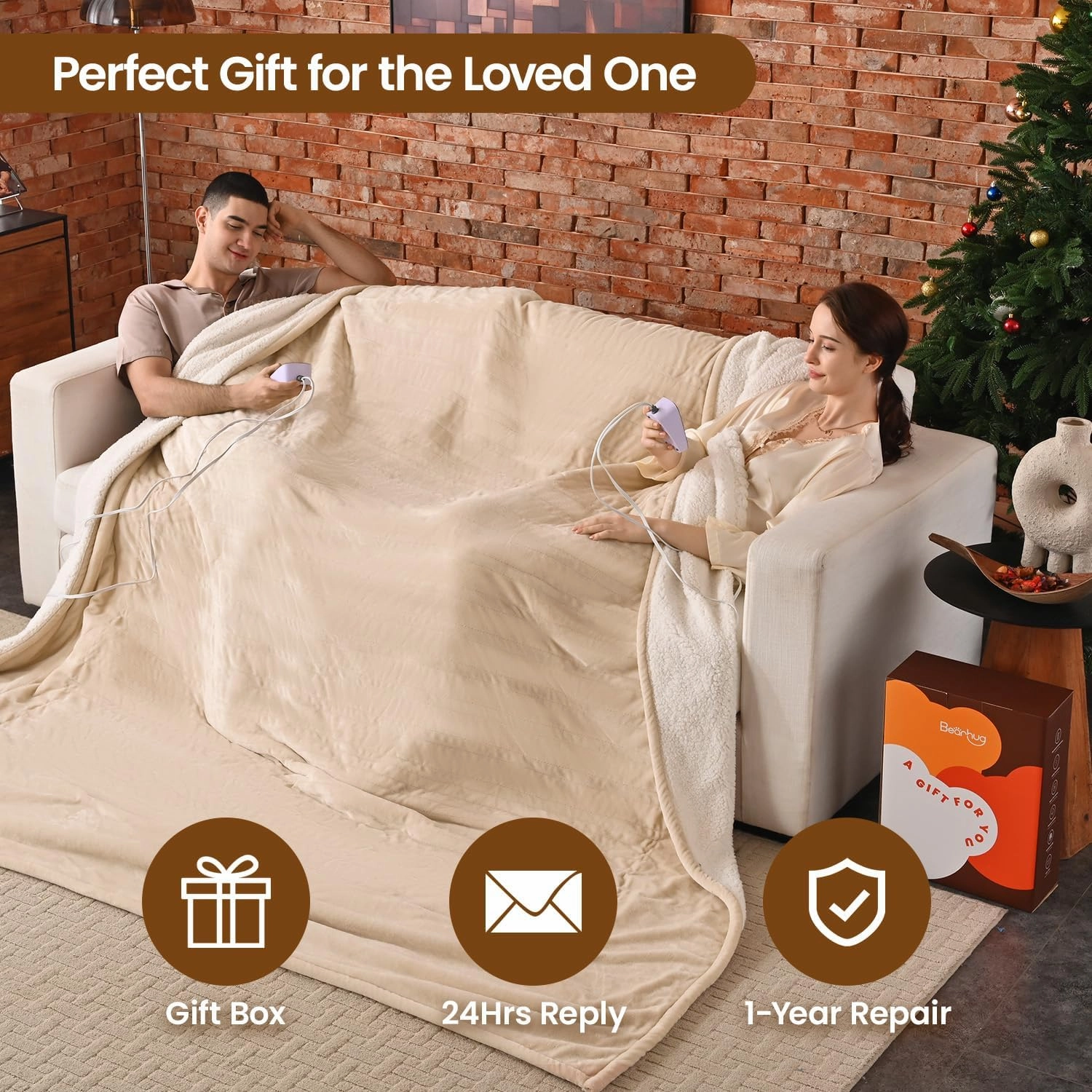 Bearhug Electric Blanket King Size 100" x 90", Dual Controller Heated Blanket Beige, Velvet & Sherpa, 10-Heat Levels & 1-12H Auto Off, 5 Year Warranty, Over-Heat Protect, ETL, Machine Washable