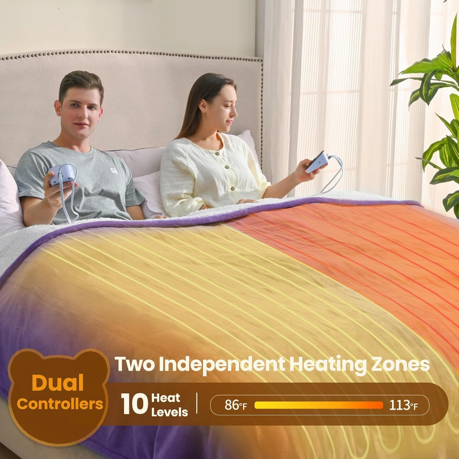Bearhug Heated Blanket Queen Size 84" × 90", Dual Controller Electric Blanket, Velvet & Sherpa Heating Blanket, 10-Heating Level & 0.5-12H Auto Off, Over-Heat Protect, ETL, Machine Washable-Purple