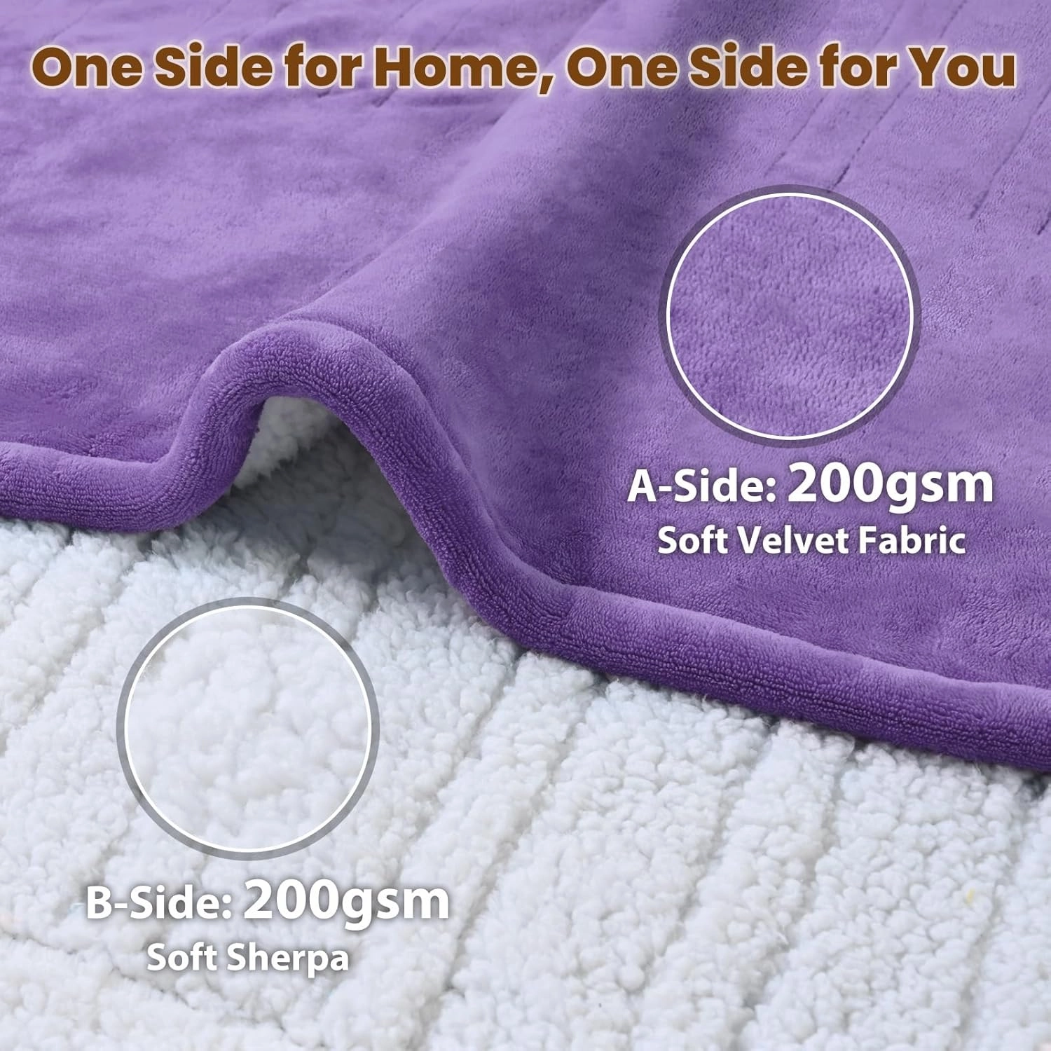 Bearhug Heated Blanket Queen Size 84" × 90", Dual Controller Electric Blanket, Velvet & Sherpa Heating Blanket, 10-Heating Level & 0.5-12H Auto Off, Over-Heat Protect, ETL, Machine Washable-Purple