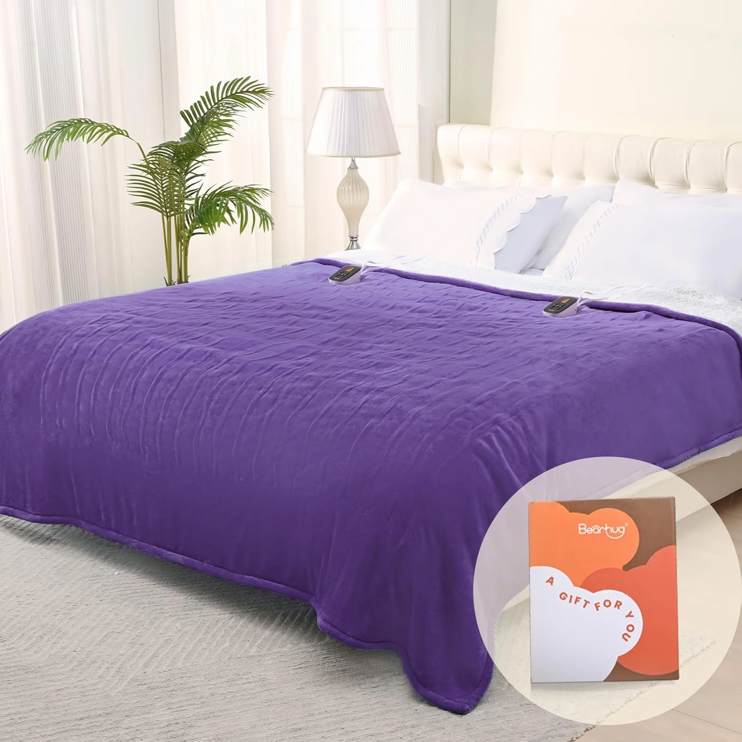 Bearhug Heated Blanket Queen Size 84" × 90", Dual Controller Electric Blanket, Velvet & Sherpa Heating Blanket, 10-Heating Level & 0.5-12H Auto Off, Over-Heat Protect, ETL, Machine Washable-Purple