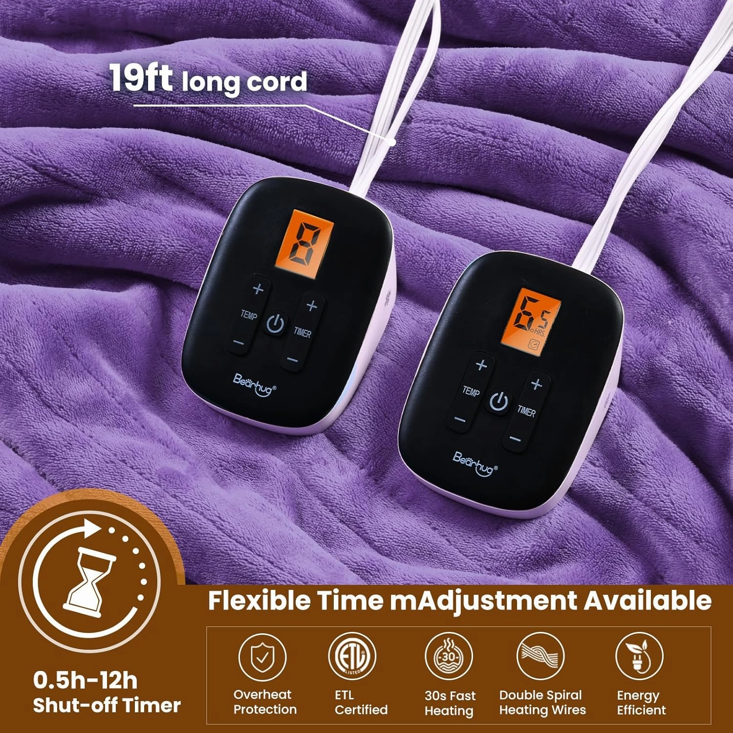 Bearhug Heated Blanket Queen Size 84" × 90", Dual Controller Electric Blanket, Velvet & Sherpa Heating Blanket, 10-Heating Level & 0.5-12H Auto Off, Over-Heat Protect, ETL, Machine Washable-Purple