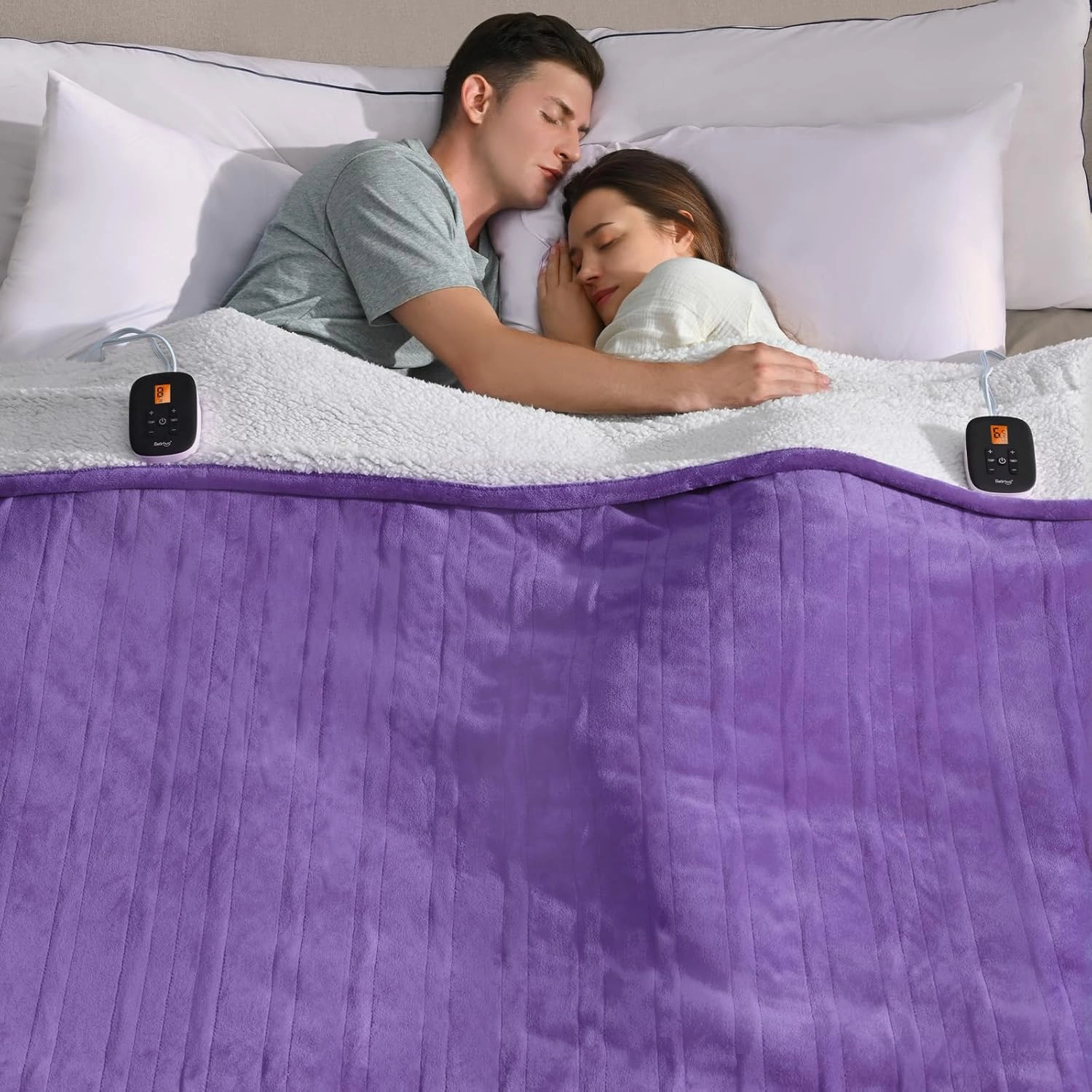 Bearhug Heated Blanket Queen Size 84" × 90", Dual Controller Electric Blanket, Velvet & Sherpa Heating Blanket, 10-Heating Level & 0.5-12H Auto Off, Over-Heat Protect, ETL, Machine Washable-Purple