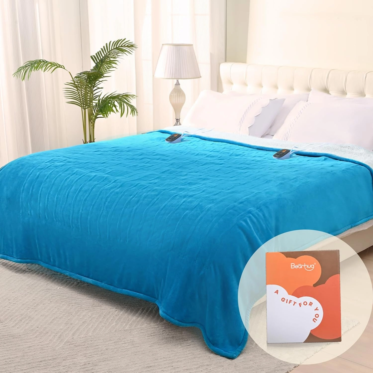Bearhug Heated Blanket Queen Size 84" × 90", Dual Controller Electric Blanket, Velvet & Sherpa Heating Blanket, 10-Heating Level & 0.5-12H Auto Off, Over-Heat Protect, ETL, Machine Washable-Teal